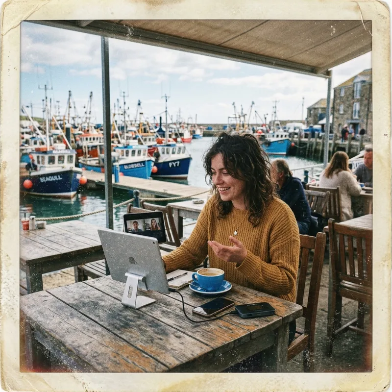 Tablet video call at a harbourfront cafe